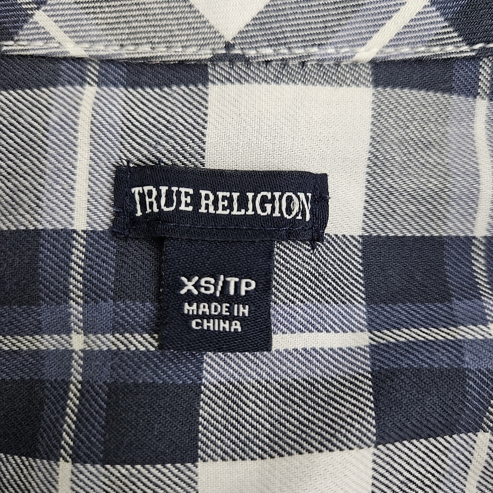 True Religion Utility Shirt Blue Plaid Long Sleeve Button Up Collared Top XS - Picture 5 of 8